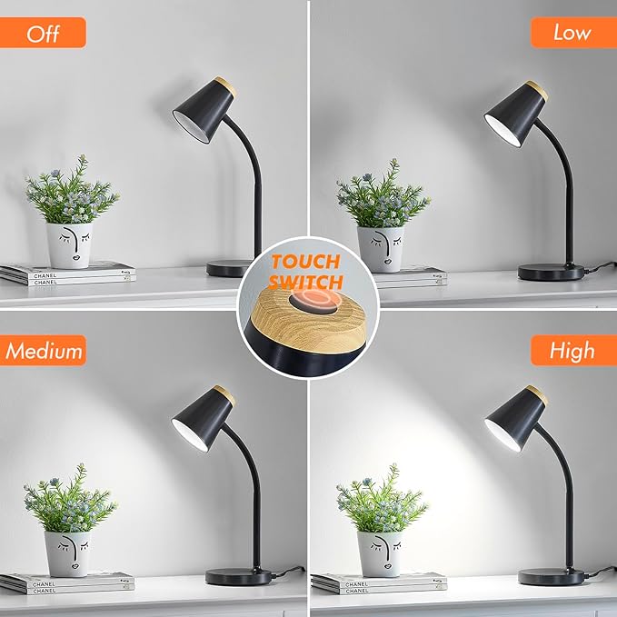 EJIAXIN Desk Lamp for College Dorm Room - Small LED Desk Lamp Touch Dimmable Reading Light for Home Office - Adjustable Flexible Gooseneck Table Lamp for Bedside Bedroom Nightstand Black