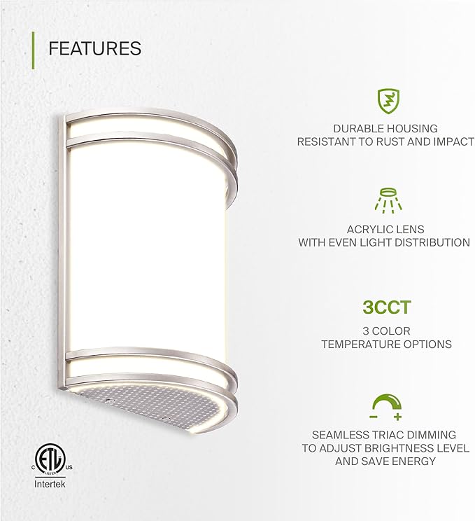 ASD Indoor LED Wall Sconce Lights - 10 Inch 15W Brushed Nickel Modern LED Wall Sconces Hardwired - ETL Dimmable 3000K 4000K 5000K Adjustable Sconce Light Fixture for Bedroom, Hallway