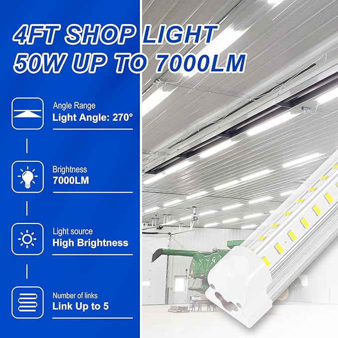 XLNYUUI Led Shop Lights,4FT LED Light 50W 6500K 7000LM Led Daylight,Garage Light Linkable Clear Cover Integrated V-Shape for Garage Warehouse Workbench Workshop(10-Pack)