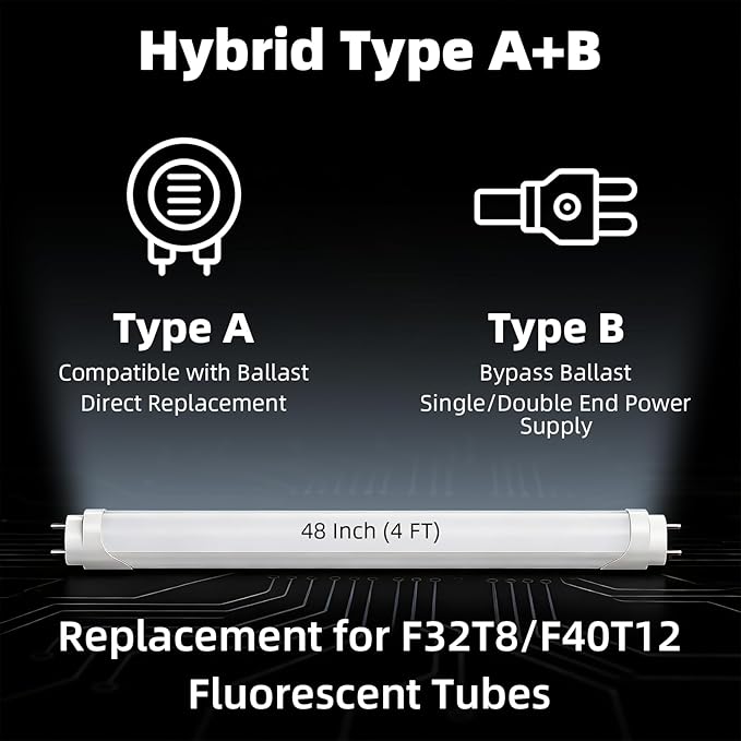CYLYT Fluorescent Light Bulbs 48 inch, T8 LED Bulb 4 Foot Type A+B Replacement for F32T8 or F40T12 Tube, 26W 3400LM 6000K Daylight White, Double or Single End Powered, 4-Pack