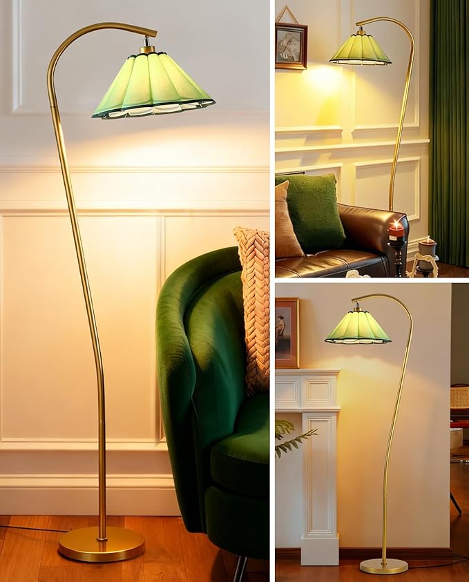 Floor Lamp with Pleated Linen Lampshade, Modern Flower Floor Lamp for Living Room Arc Standing Lamp, Gold Tall Lamp for Bedroom Office Dining Room, Bulb Included (Gold + Green, 65IN)