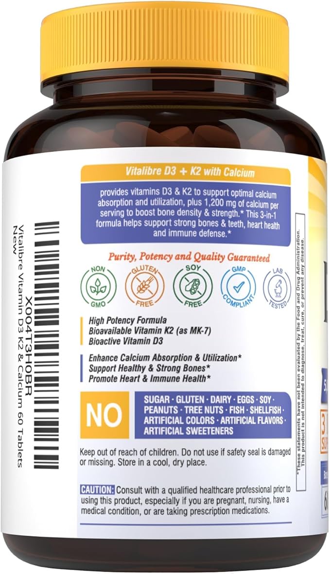 Complément D3 K2 Calcium pour Femmes et Hommes, Vitamine D3 5000 UI, Calcium 1200 mg, MK-7, Haute Absorption, pour des os, des dents, un cœur et un système immunitaire solides, 60 Comprimés
