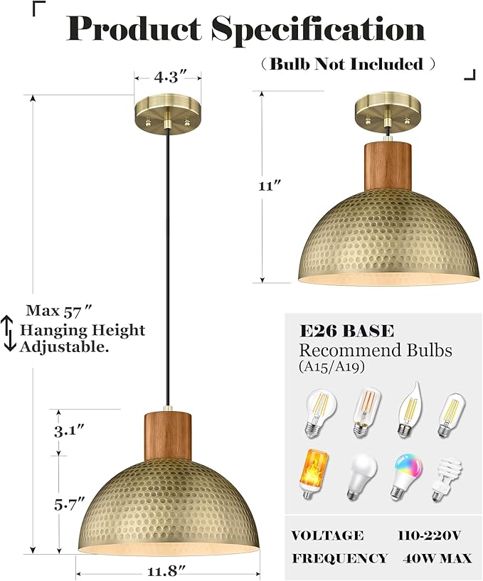 ELYONA Vintage Pendant Light Fixtures, 12” Brushed Brass Hammered Metal & Rubber Wood Industrial Dome Hanging Lamp, Antique Gold Kitchen Pendant Light for Island, Farmhouse, Sink, Dining Room, Hallway