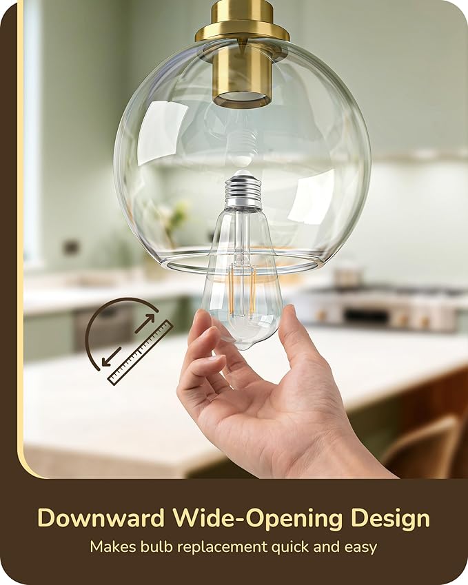 EDISHINE Pendant Light Fixtures 2 Pack with Clear Glass Globe Shade, Gold Kitchen Hanging Lighting Over Island, Hardwired Adjustable Metal Rod for Dining Room, Entryway