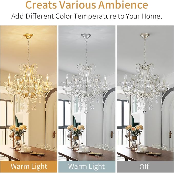 Crystal Chandelier, 5-Light Modern Chandelier for Dining Room Light Fixture, Nickel Finish Pendant Ceiling Light Fixture, Modern Candle Chandelier for Living Room Kitchen Island Entryway Bedroom