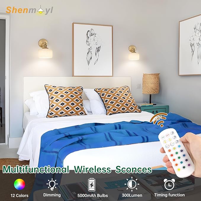 Shenmoyl Vintage Battery Operated Wall Sconce with White Striped Glass Lampshade 5000 mAh Rechargeable Battery Powered Wall Light with Remote Control for Bedside Bedroom Doorway, Set of 2