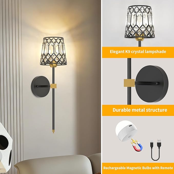 Black and Gold Battery Operated Wall Sconces Set of 2, Crystal Rechargeable Wireless Wall Sconce Lights for Home Decor, Dimmable 12 RGB and 3CCT Wall Lamps with Remote for Living Room Bedroom Hallway