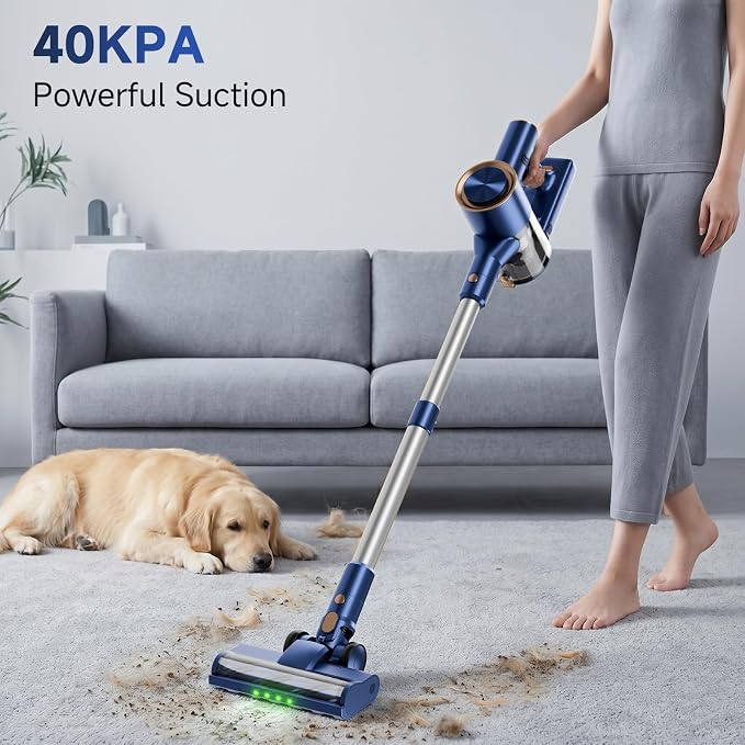 Cordless Stick Vacuum Cleaner - 40KPA Powerful Suction Vacuum with 45 Min Runtime, Detachable Battery, Anti-Tangle & 1.5L Dust Cup, 8 in 1 Vacuum Cleaner for Pet Hair, Carpet, HardFloor, Blue