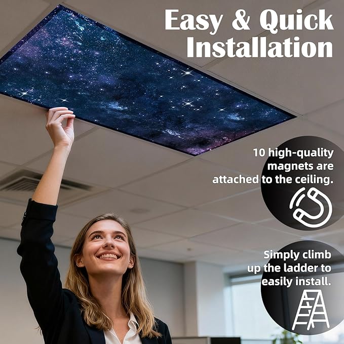ANGSYLTH 8 Pcs Fluorescent Light Covers - 4 x 2 Feet Covers for Ceiling Lights, 8 x 10 Magnetic Light Filters for Classroom, Office, Hospitals (Starry Sky)