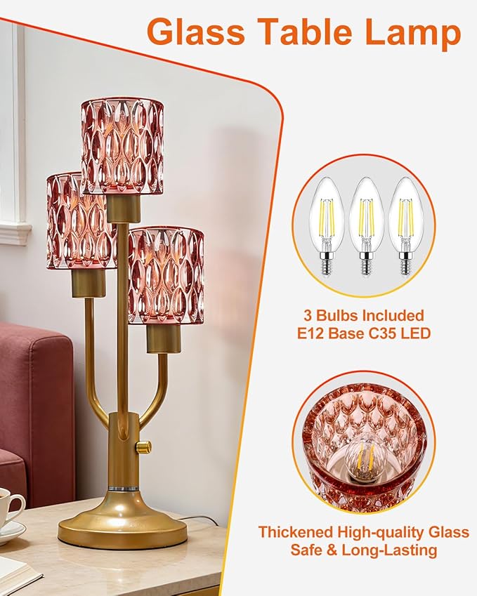 Mid Century Modern Table Lamp Dimmable Nightstand Lamp Gold Vintage Desk Lamp with Red Glass 3 Bulbs Included Warmwhite Ambient Bedside Lamps for Living Room Bedroom Office Home Decor