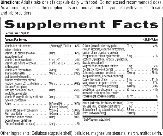 Complexe Multivitamines et Minéraux Quotidien Complet Sans Fer One Multivitamin Country Life, Vitamines A, C, D, y compris Coenzyme B-Vitamines, Soutient le Métabolisme Énergétique, 60 Capsules Végétaliennes