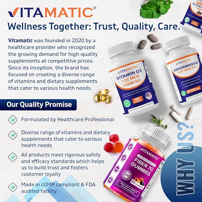 Vitamatic Vitamine D3 5000 UI (125 mcg) – 500 mini capsules molles à base d'huile d'olive – Pressée à froid – Approvisionnement de 500 jours – Soutient la santé des os, des muscles et du système immunitaire – Sans OGM et sans gluten