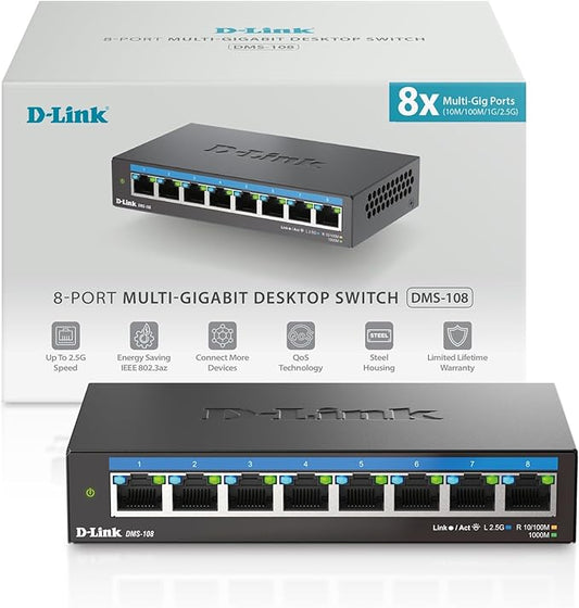 D-Link 8-Port 2.5GB Unmanaged Gaming Switch with 8 x 2.5G - Multi-Gig, Desktop or Wall Mount, Silent Operation, Plug & Play, Follows NDAA/TAA, (DMS-108), Ethernet Splitter, Multi-Gigabit Network