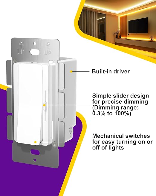 HitLights LED Driver and Dimmer Switch in One 60W, 120V AC to 12V DC, Compatible with Most Solid Color 12V Strip Tape Lights, UL Listed, Single-Pole/3-Way, EZDim Pro, White