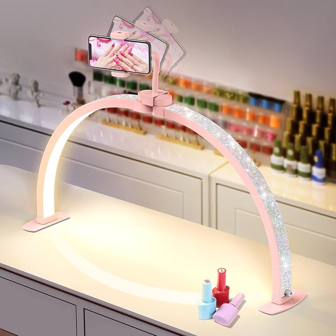 Yokilly Half Moon Light for Nail Desk: 29" Foldable Half Moon Nail Desk Lamp with Phone Holder for Beginner - Arch Tech Light with 3 Color Modes & 10 Brightness for Manicure Salon (Pink Diamond)
