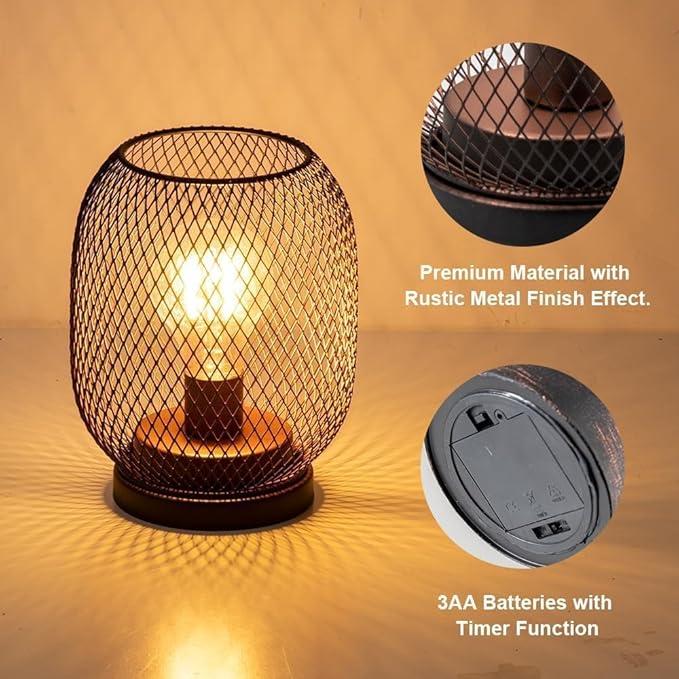 Set of 2 Battery Operated Lamp LED Table Lantern, Brown Metal Cage Cordless Lamps with LED Bulb，Vintage Decorative Outdoor Lantern for Weddings, Parties, Patio, Events for Indoors Shelf Decor