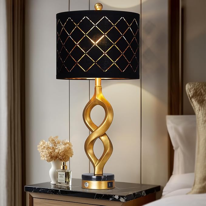 Cinyirong 30" Black and Gold Table Lamps Set of 2 for Bedroom, Modern Touch Control Bedside Lamps for Living Room, 3-Way Dimmable Sculptural Resin Nightstand Lamps with USB A+C Ports and 2 LED Bulbs