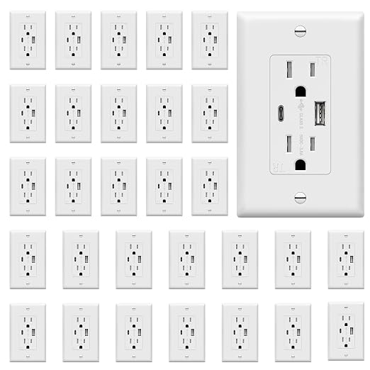TOPGREENER USB Outlet, 4.2A Type C & Type A Wall Outlet, 15 Amp Tamper Resistant Receptacle Plug, USB Outlets Receptacles, Wall Plate Included, UL Listed, TU21536AC-WWP-30PCS, White, 30 Pack