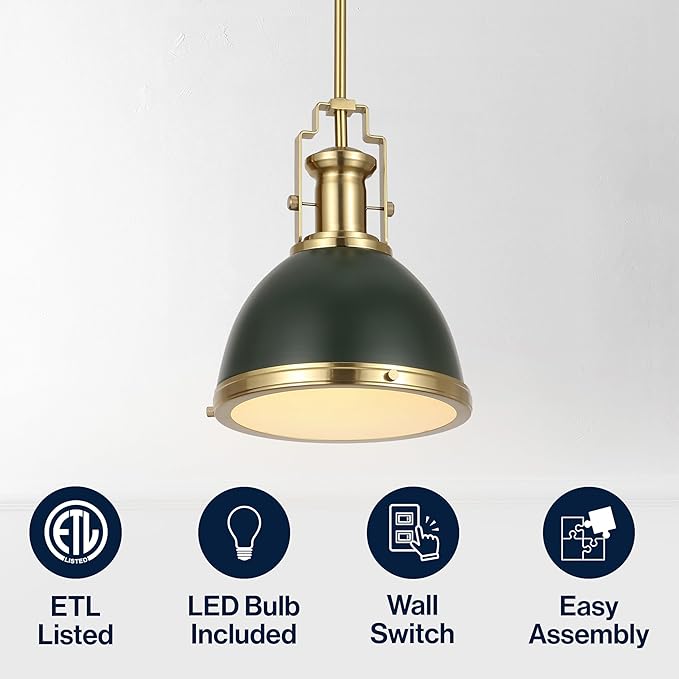 JONATHAN Y 10" Brass Gold Kombu Green 1-Light Metal Dome Pendant Modern Industrial Hanging Light for Kitchen Island Dining Room Adjustable Height LED Bulb Included JYL9535H
