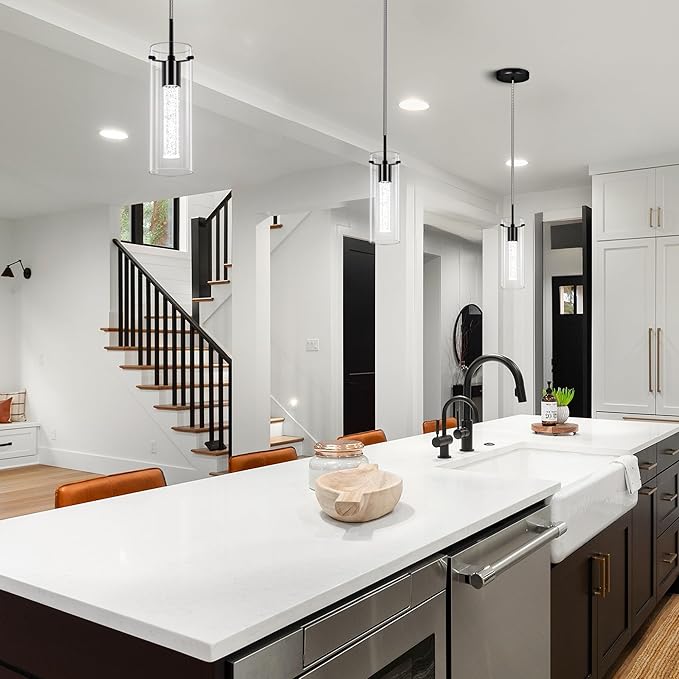 Pendant Ceiling Light Fixture, 6500K LED Kitchen Lighting Crystal Pendant Lights Kitchen Island Brushed Black, Glass Kitchen Hanging Light Fixture Modern Island Light with Crystal Bubble 3 Pack