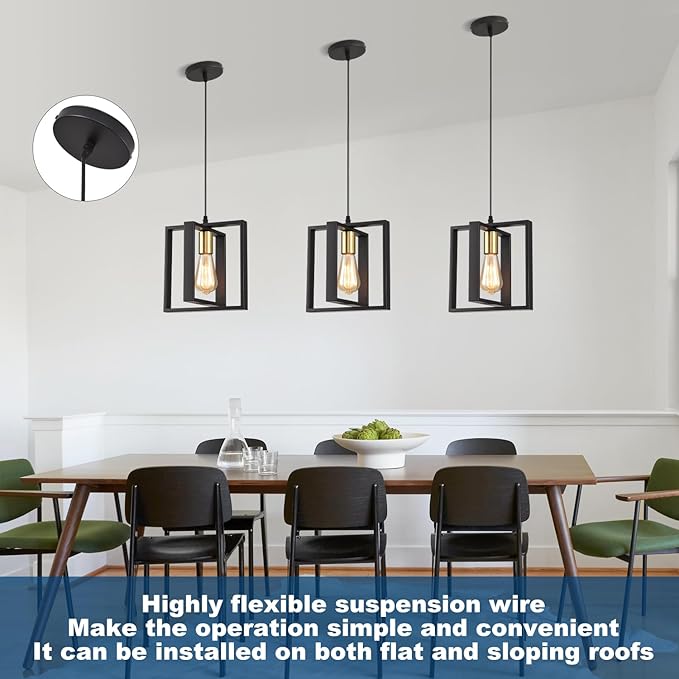 Black Pendant Lights for Kitchen Island Industrial Lantern Pendant Light Fixtures with Golden Lamp Cup, Farmhouse Adjustable Height Hanging Pendant Lighting
