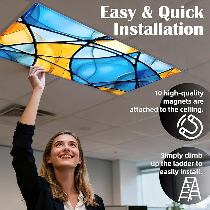 ANGSYLTH 8 Pcs Fluorescent Light Covers - 4 x 2 Feet Covers for Ceiling Lights, 8 x 10 Magnetic Light Filters for Classroom, Office, Hospitals (Colorful Art)