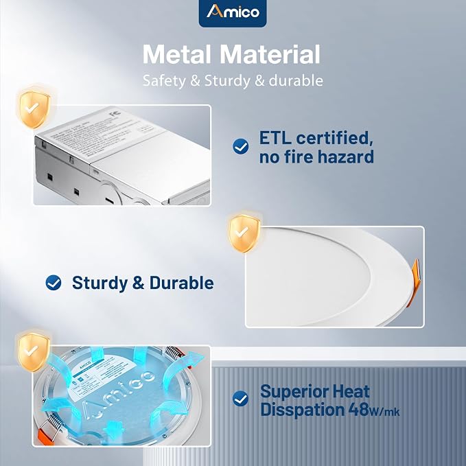 Amico 20 Pack 4 Inch 5CCT Ultra-Thin LED Recessed Ceiling Light with Junction Box, 2700K/3000K/3500K/4000K/5000K Selectable, 11W Eqv 70W, Dimmable Can Light, 800LM High Brightness Downlight - ETL