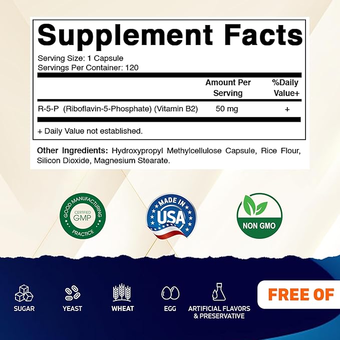 Vitamatic R-5-P Riboflavin-5-Phosphate (Vitamin B2) 50 mg | 120 Capsules | High Potency, Easy-to-Swallow Vegetarian Capsules (Pack of 2)
