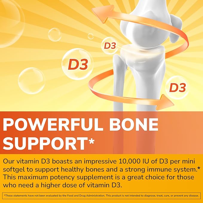 Maximum Strength Vitamin D3 10,000 IU (250mcg), Highly Bioavailable, with Cold Pressed Olive Oil, Immune, Bone & Teeth Health Support, No Soy, Sunshine Vitamin, 60 Mini Softgels