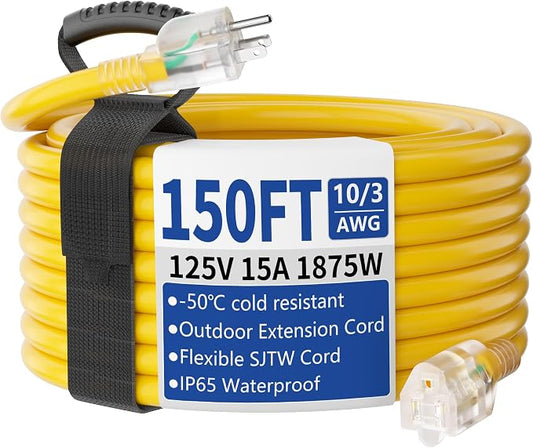150ft Outdoor/Indoor Extension Cord with Lighted 10/3 Gauge Ultra 3 Prong Heavy Duty SJTW, Waterproof, Flexible Cold-Resistant,15A 125V 1875W, Yellow