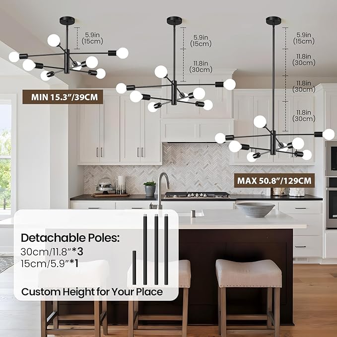 KAISITE Modern Chandelier Sputnik Ceiling Light Fixture Black Chandelier for Bedroom Living Room 8-Light Height Adjustable Dining Room Farmhouse Chandelier Over Table Ceiling Hanging Kitchen Lighting