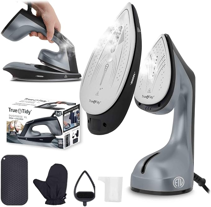 True & Tidy DuoPress XL 2-in-1 Clothes Steamer & Iron, 1600W Powerful Turbo Steam, Large Ceramic Plate, Smart Temperature Control, 3 Steam Modes, Portable Handheld Wrinkle Remover for All Fabrics