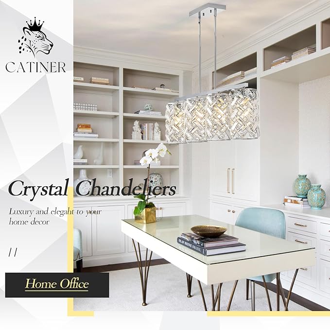 CATINER Chrome Crystal Kitchen Island Lighting 40" Modern Linear Chandelier, 4 Lights Polished Chrome Ceiling Pendant Light Fixture Over Table for Dining Room Living Room