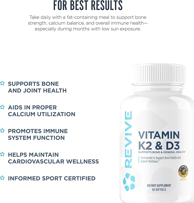 REVIVE MD Vitamin D3 & K2 - Supports Bone Health & Muscle Strength - K2 & D3 Vitamin Supplement for Women & Men Health & Brain Function (60 Servings)