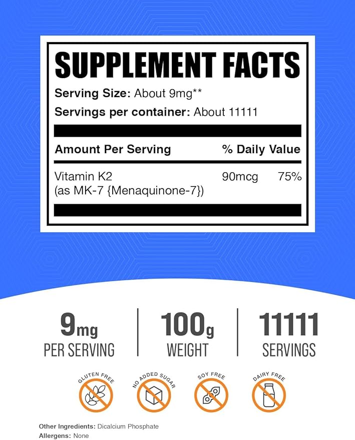 Poudre de vitamine K2 de BulkSupplements.com - Vitamine K2 MK-7, en poudre de ménaquinone - Supplément de vitamine K2 pour le bien-être, sans gluten, 9 mg par portion, 100 g (3,5 oz) (Lot de 1)