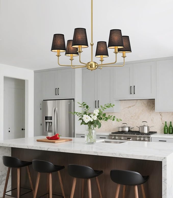 6-Light Brushed Gold Chandelier with Black Fabric Shades, Modern Brushed Brass Chandelier Light Fixture, E12 Base Hanging Pendant Light for Dining Room Living Room Bedroom Kitchen Island Foyer