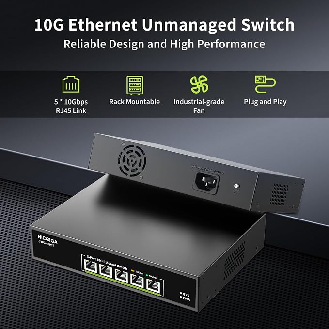 5 Port 10G Ethernet Switch Unmanaged,with 5X 10Gb Base-T RJ45 Ports, NICGIGA 10Gbps Network Switch Easy for 10G NAS,PC,WiFi7 Router,10G Adapter/NIC. Desktop or 19-inch Rack Mount, Plug and Play.