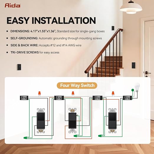 AIDA 1 Pack 4 Way Rocker Decora Light Switch, 15 Amp Self-grounding Electrical Light Switches, Residential Grade, UL Listed, Glossy Black