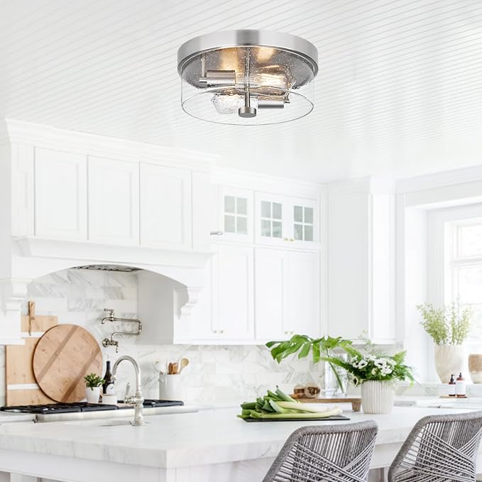 Flush Mount Ceiling Light Fixtures, 2-Light 12 Inch Brushed Nickel Close to Ceiling Light Fixtures with Seeded Glass Shade Ceiling Light Fixture for Porch, Hallway, Bathroom, Dining Room and Foyer