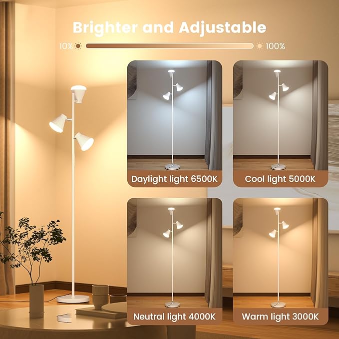 SIBRILLE 36W LED Tree Floor Lamp, Dimmable Tall Standing Lamp with Remote & Touch Control, 4 Color Temperatures Bright Floor Lamp, 3 Rotatable Light Modern Floor Lamps