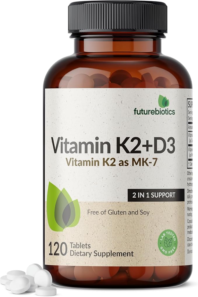 Futurebiotics Vitamine K2 avec D3, Soutien 2 en 1, 5000 UI Vitamine D3 et 90 mcg Vitamine K2 MK-7 Sans OGM, 120 Comprimés