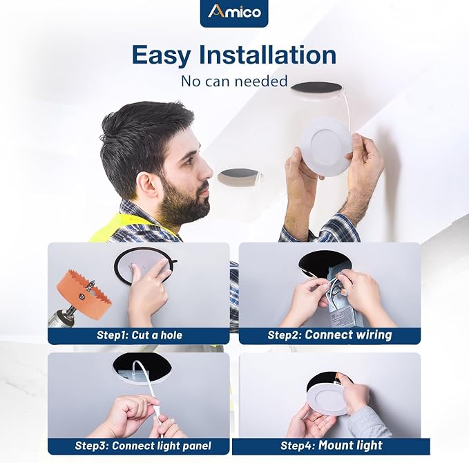 Amico 6 Pack 3 Inch 5CCT Ultra-Thin LED Recessed Ceiling Light with Junction Box, 2700K/3000K/3500K/4000K/5000K Selectable, 7W Eqv 60W 500LM Brightness Dimmable Canless Wafer Downlight, ETL