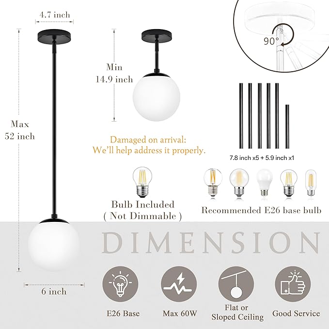 Bagood 6" Globe Pendant Light Black 2 Pack Mid Century Pendant Light Globe Pendant Lights Kitchen Island Matte Black Finished with Milk Glass Adjustable Ceiling Light Fixtures for Dining Room Bar