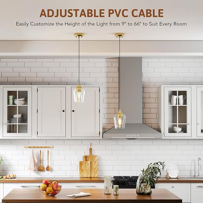 VONLUCE Pendant Lights Kitchen Island, Brushed Gold Pendant Light Fixtures with E26 Base & Adjustable Cable, Modern Pendant Lighting with Glass Shade for Living Room Bedroom Hallway, 2 Packs