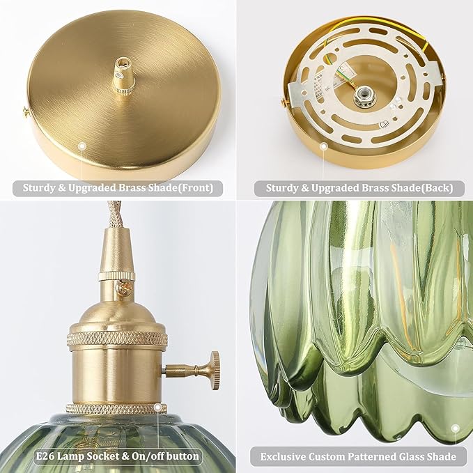 Shenmoyl Pendant Light 2 Pack with Green Tulip Glass Lmapshade, Brass Vintage Pendant Light Adjustable Hanging Light for Kitchen Island Dining Room Hallway