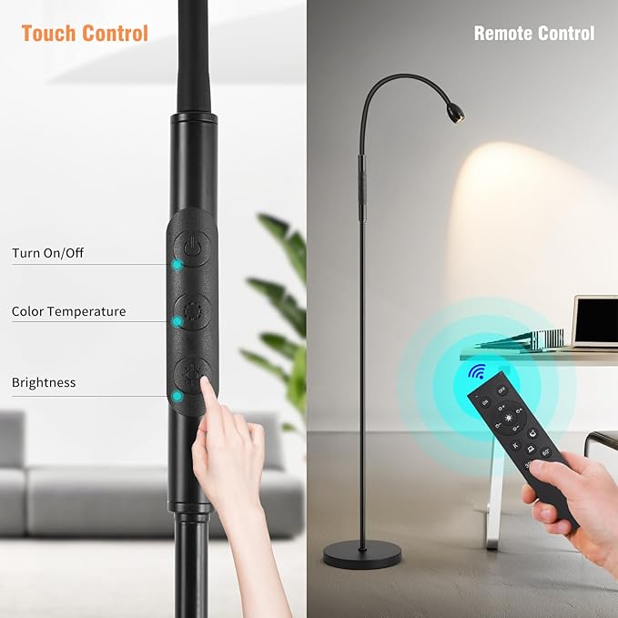 Powfloven LED Beam Reading Floor Lamp, 360° Adjustable Standing Floor Lamp with Flexible Gooseneck, Timer and Zoomable Spotlight, Black Task Bright Lights with Remote for Living Room, Bedroom