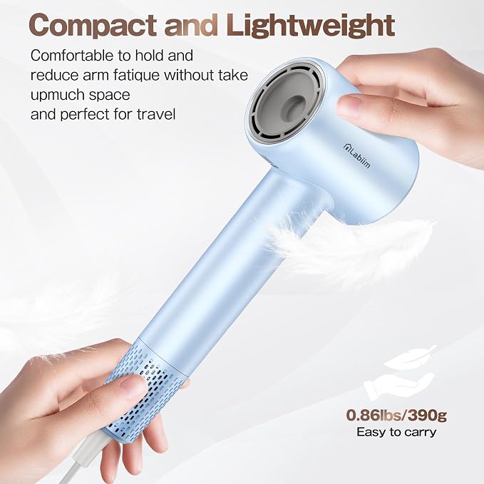 Labiim Hair Dryer, High-Speed Ionic Blow Dryer 110,000 RPM Brushless Motor for Fast Drying, 200M Ions Frizz & Thermo-Control HairDryer with Magnetic Nozzle, Quiet Compact for Home Travel, Blue