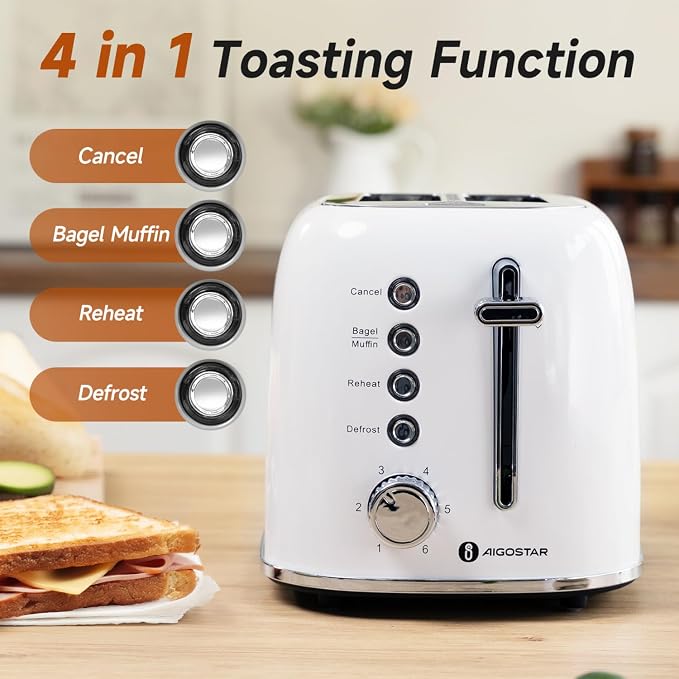 Aigostar Retro 2 Slice Toaster, Stainless Steel, White | Extra Wide Slots, Bagel Function, Cancel & Defrost, 6 Shade Settings, Removable Crumb Tray