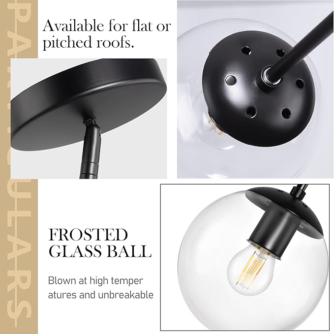 Bagood 6" Globe Pendant Light Black 2 Pack Mid Century Pendant Light Globe Pendant Lights Kitchen Island Matte Black Finished with Clear Glass Adjustable Ceiling Light Fixtures for Dining Room Bar