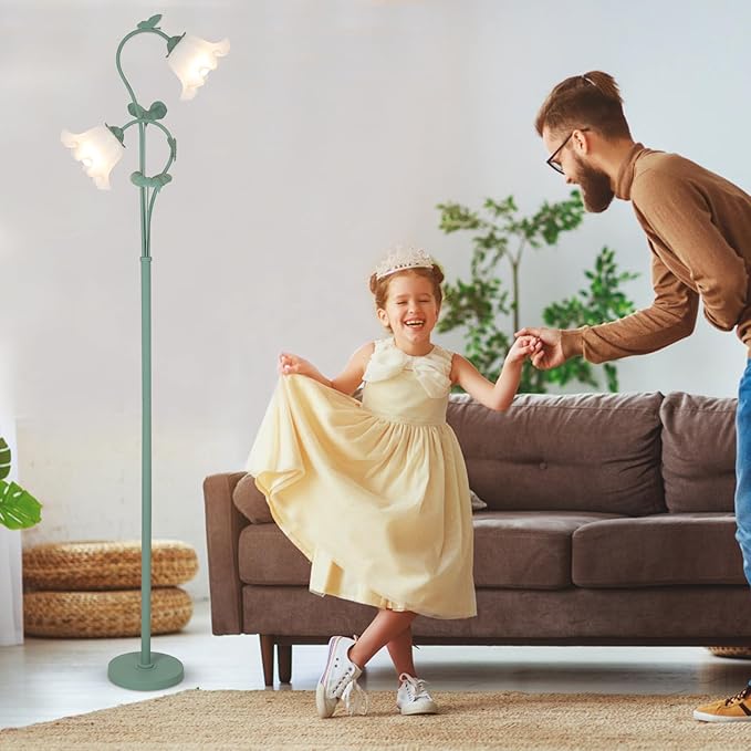 HMVPL Flower Floor Lamp for Living Room, Vintage Floor Lamp with 2 LED 5W Blubs, Foot Switch, Green Standing Lamp with Acrylic Shade, Unique Floral Tall Lamp for Living Room Bedroom Corner Office